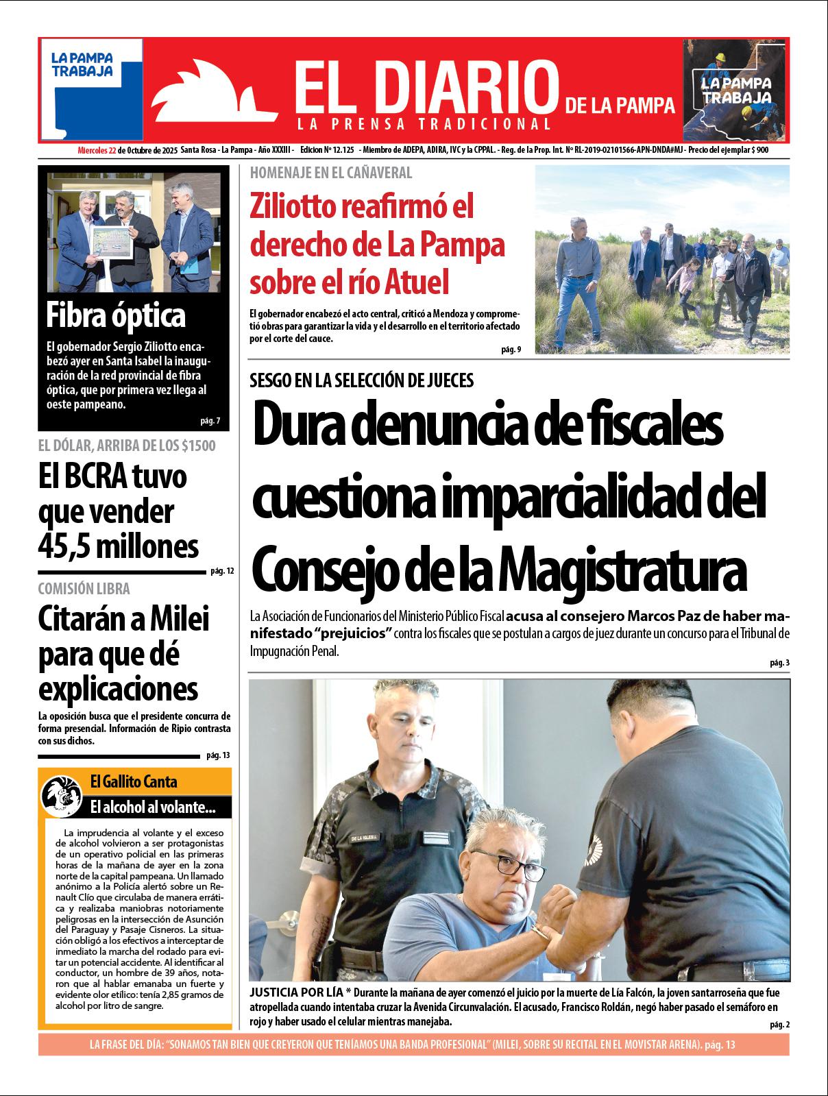 Tapa de El Diario en papel  mieacutercoles 22 de octubre de 2025
